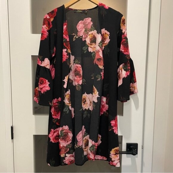 NEW Bellina Black Red Pink Floral Kimono Swim Coverup Size Small bin 3A - Picture 3 of 5